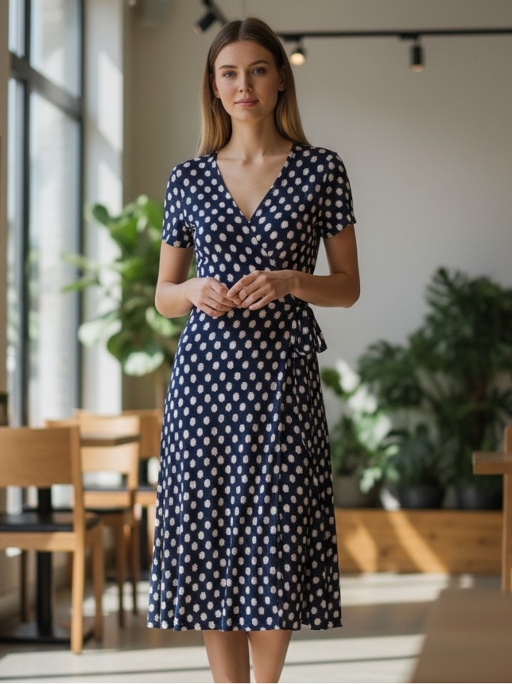 Diane Von Furstenberg Navy and White Polka Dot Wrap Midi Dress